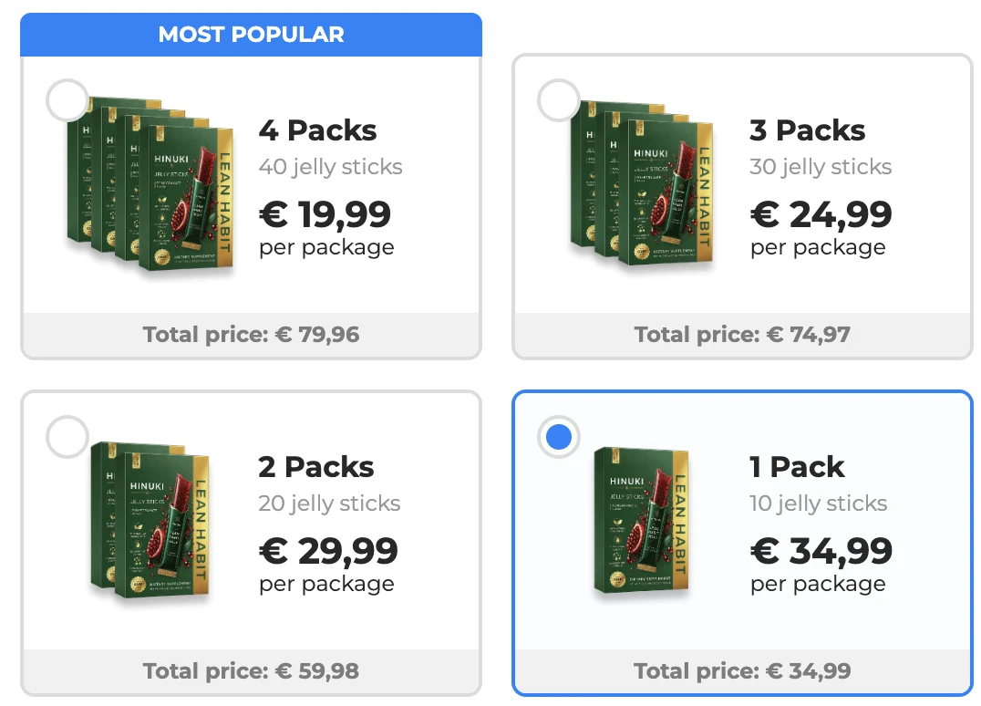 Screenshot of the Hinuki checkout showing the Subscribe and Save tiers: 4 packs at 19.99 per package for a 79.96 total, 3 packs at 24.99, 2 packs at 29.99, and 1 pack at 34.99.